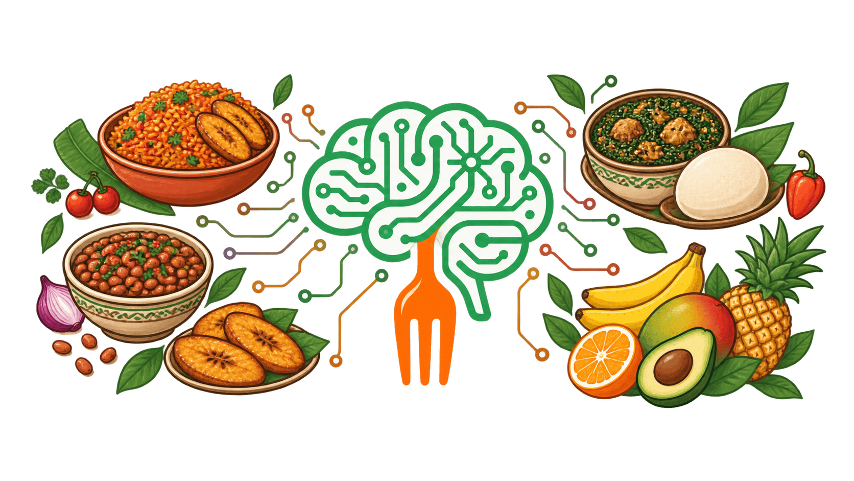 Circuit brain flowing into an orange fork, surrounded by Nigerian meals and fresh ingredients
